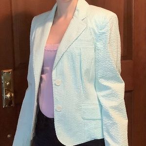 INC Robin Egg Blue/White Seersucker Cotton Blazer Jacket, size Small